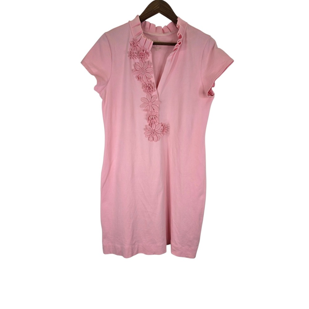 Lilly Pulitzer Clary Polo Shift Dress Womens L Pink Cotton Stretch Ruffle Floral